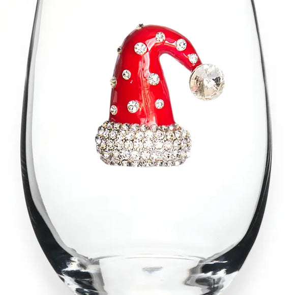Christmas Hat Jeweled Stemless Wine Glass
