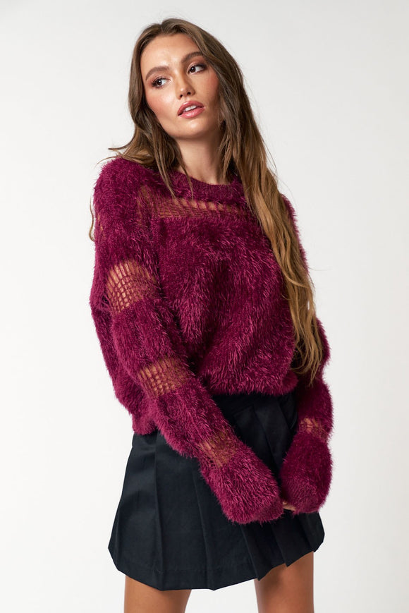 Distressed & Fuzzy Sweater in Wine color