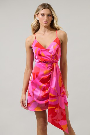 Jalina Sangria Abstract Wrap Mini Dress