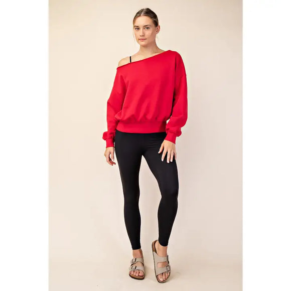 French Terry Fleece Off Shoulder Top- Red