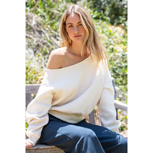 French Terry Fleece Off Shoulder Top- Bone