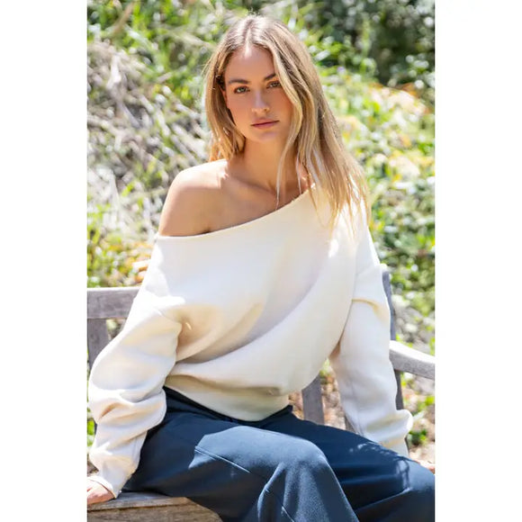 French Terry Fleece Off Shoulder Top- Bone