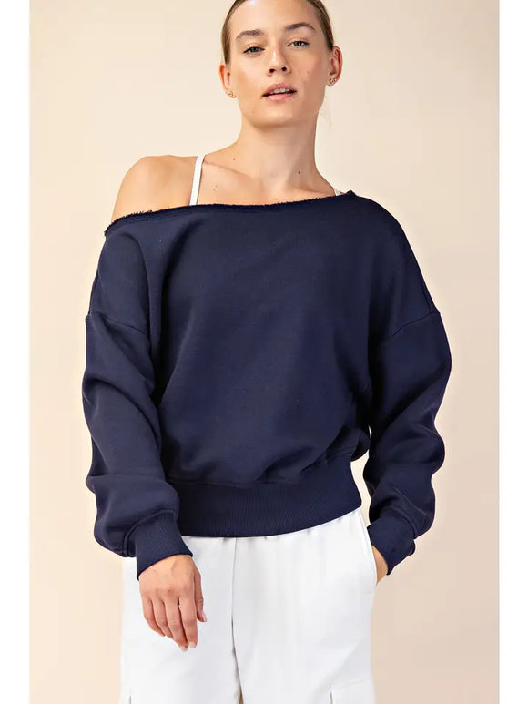 French Terry Fleece Off Shoulder Top- Navy
