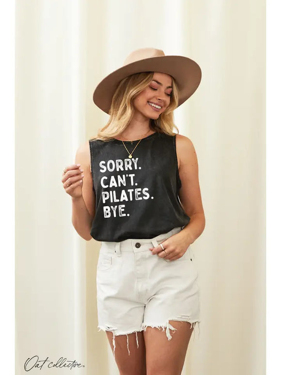 Sorry Can't Pilates Bye Mineral Graphic Tank Top-Black