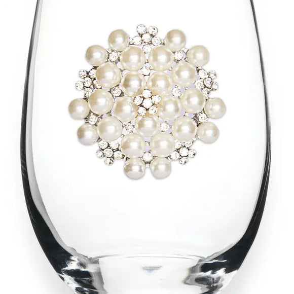 Round Diamond and Pearl Jeweled Stemless Wine Glass