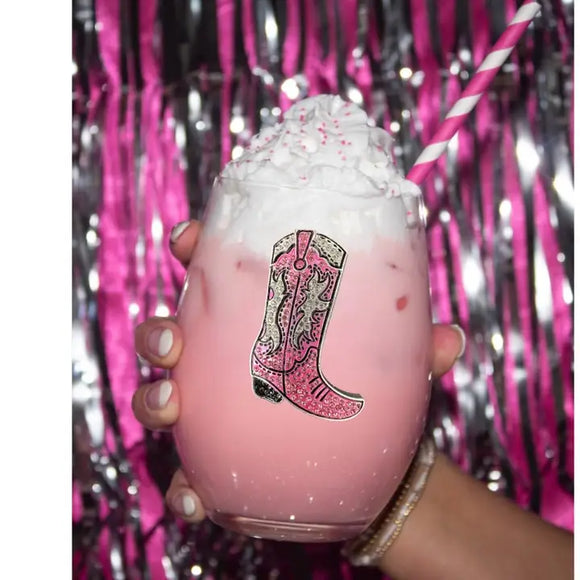 Pink Cowboy Boot Stemless Wine Glass