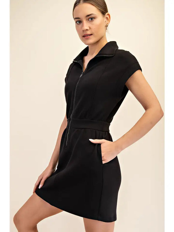 Modal Scuba Luxe Half Zip Mini Dress- Black