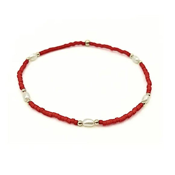 Game Day  RED Gold-Filled & Natural Rice Pearls Waterproof Bracelets