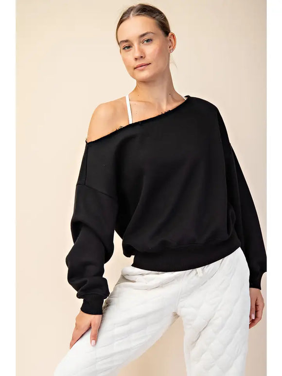 French Terry Fleece Off Shoulder Top- Black