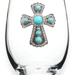 Turquoise Cross Jeweled Stemless Wine Glass