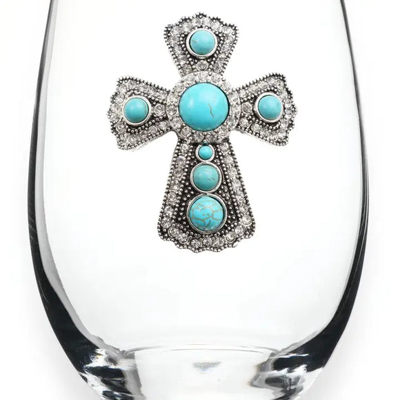 Turquoise Cross Jeweled Stemless Wine Glass
