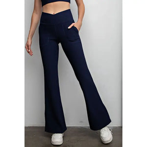 Nylon Ribbed V-waist Flared Leggings & tank SET- Navy