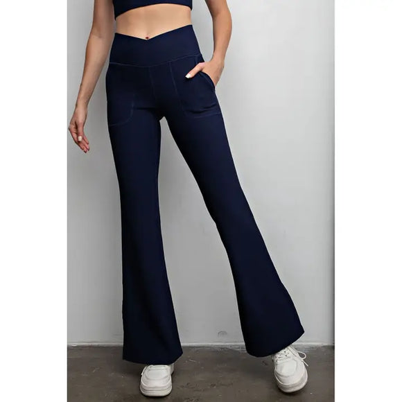 Nylon Ribbed V-waist Flared Leggings & tank SET- Navy