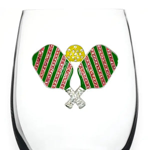 Pickleball with Paddles Jeweled Wine Glass Stemless