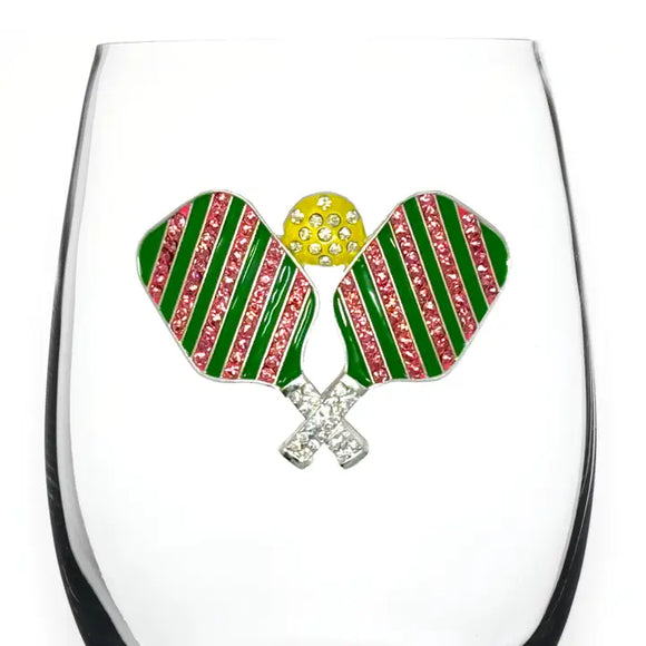Pickleball with Paddles Jeweled Wine Glass Stemless