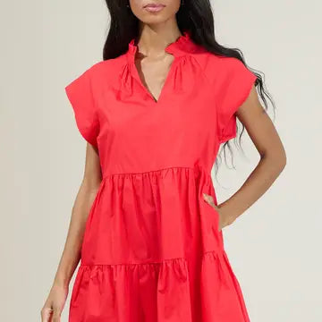 Janelly Poplin Tiered Dress in Red