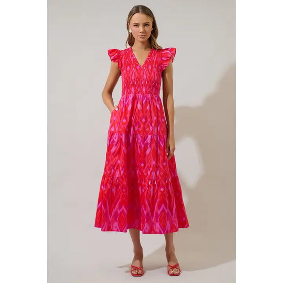 Blevin Ikat Sunfire Smocked Bodice Tiered Midi Dress